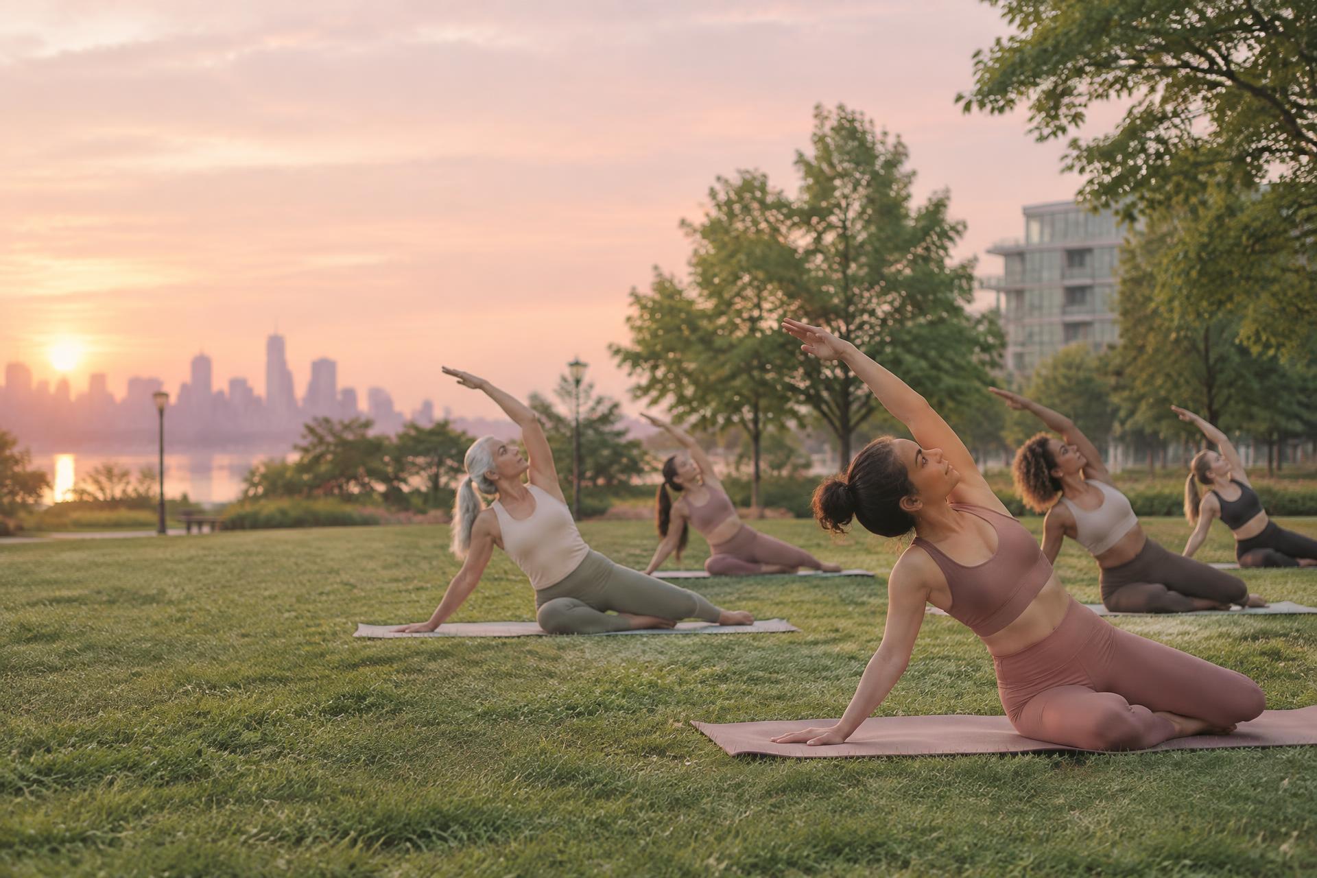 Mat pilates class outdoors at sunrise